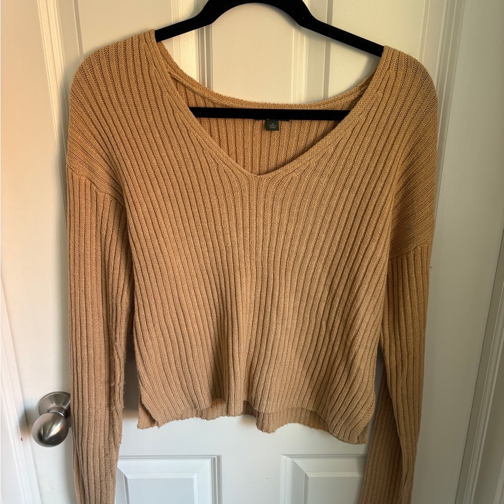 V-Neck Ribbed Knit Sweater - Tan